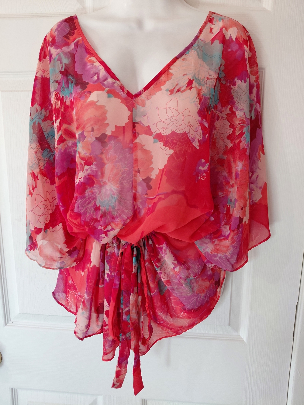 a.n.a Plus Size 2X Floral Tie-Waist Sheer Blouse in Pink and Coral Kimono Sleev - Picture 5 of 8